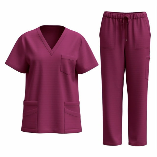 Nurse Scrub Top and Pants Set for Women, V-Neck Top with Front Pockets + Elastic Drawstring Waist Pants, Four-Way Stretch Fabric, Breathable, Dry-Clean or Hand Wash