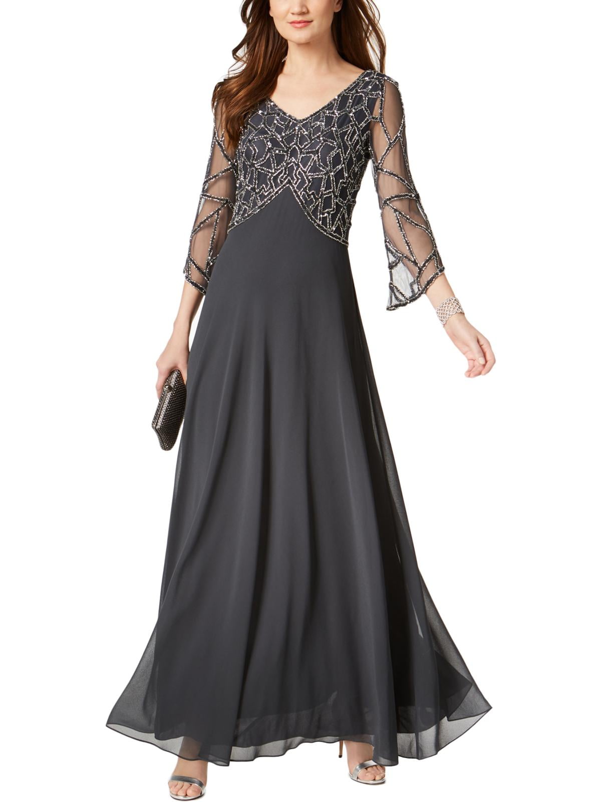 J Kara J Kara Womens Bell Sleeves FullLength Evening Dress Gray 14