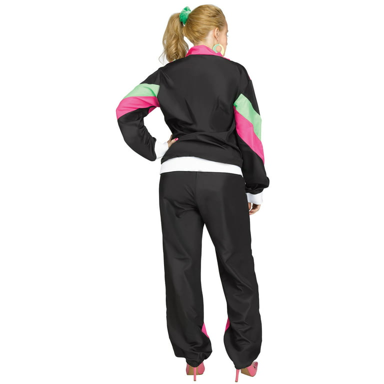 80's Track Suit Womens Costume Black Tracksuit Jacket Pants Adult Shell  Retro 