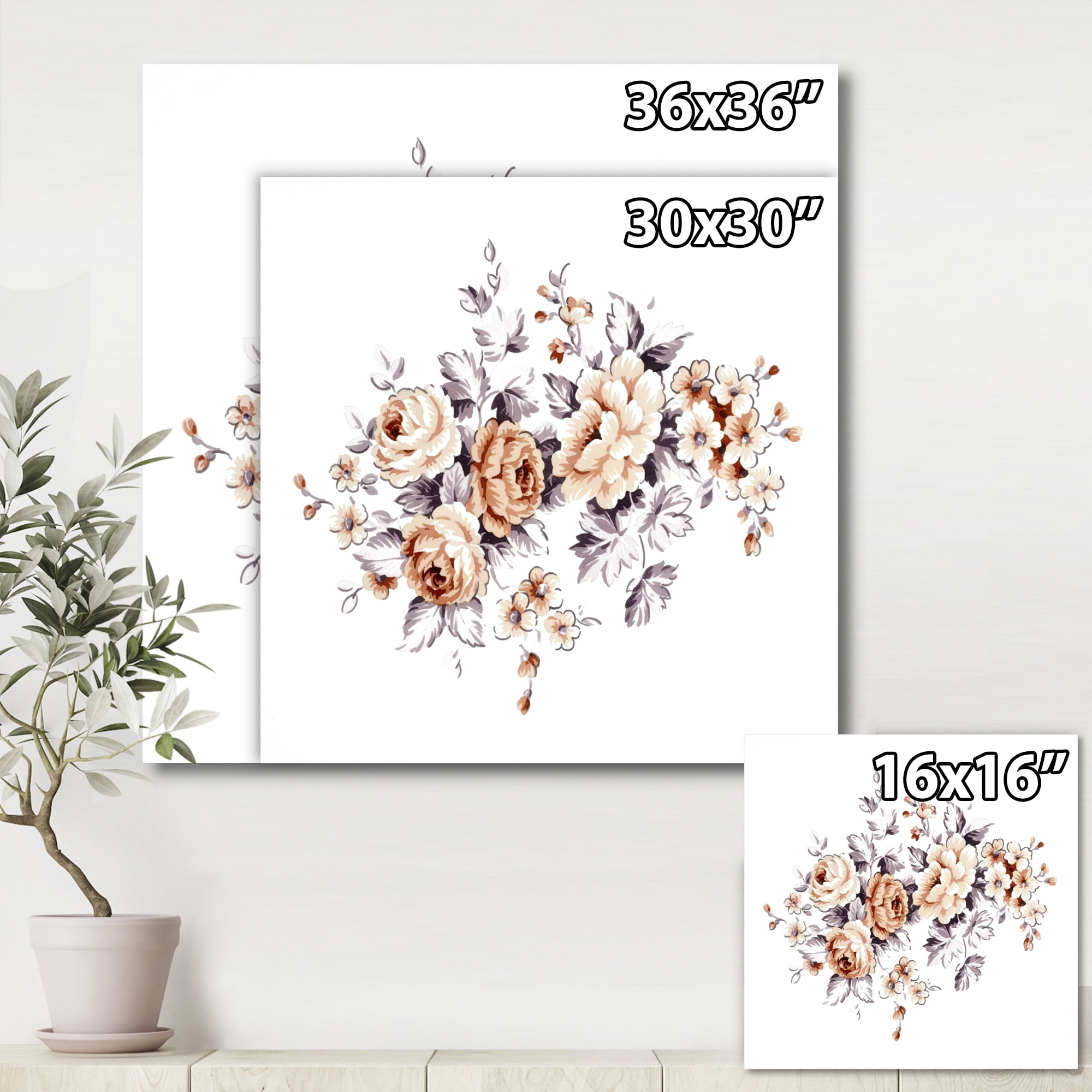 Designart ' Pink Wild Roses With Monochrome Leaves ' Traditional Canvas Wall Art Print