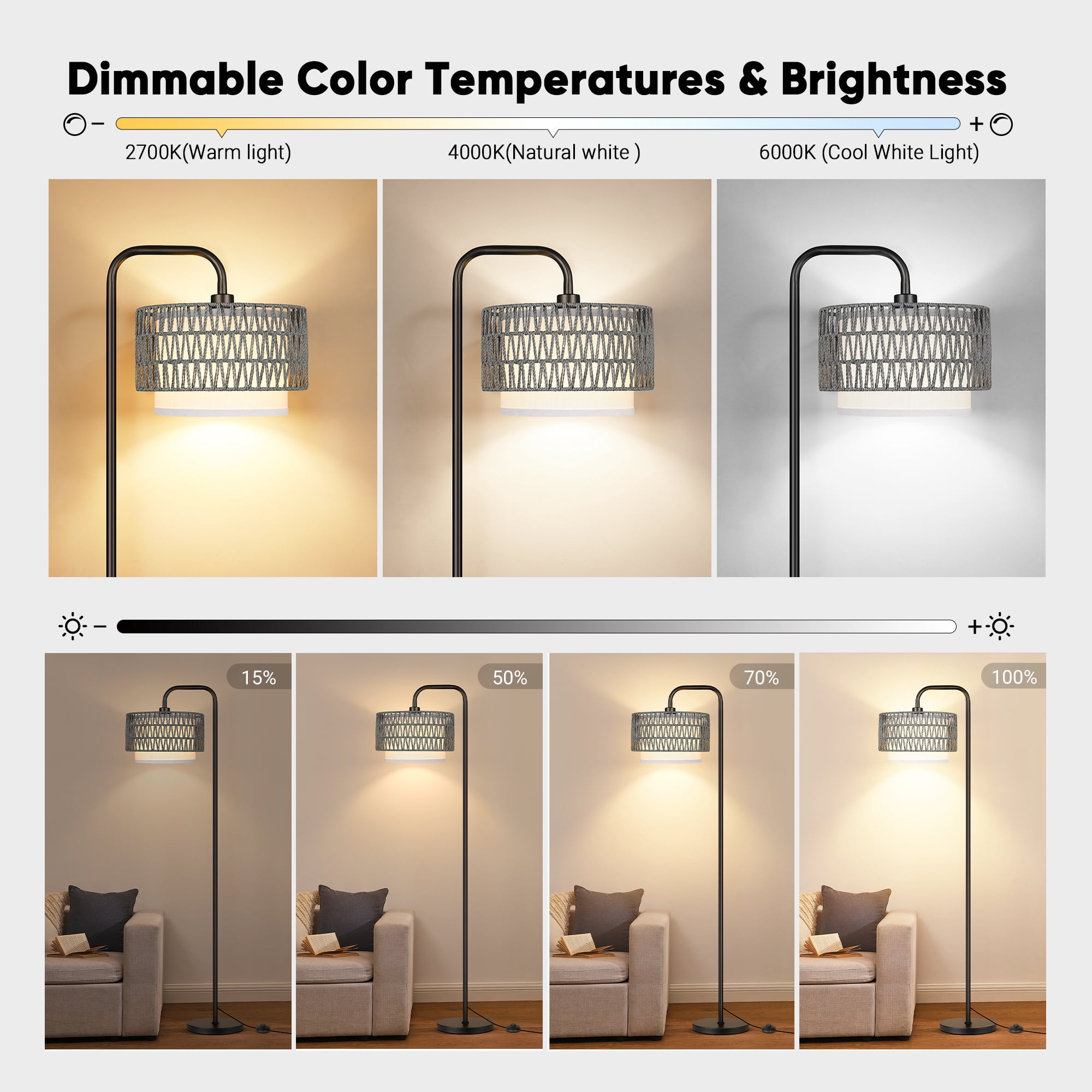 SparkGlowy 68‘’Floor Lamp for Living Room, Tall Standing Lamp with Remote 3 Color Temperatures Dimmable Bulb, Gray Rattan and Fabric Dual Shades