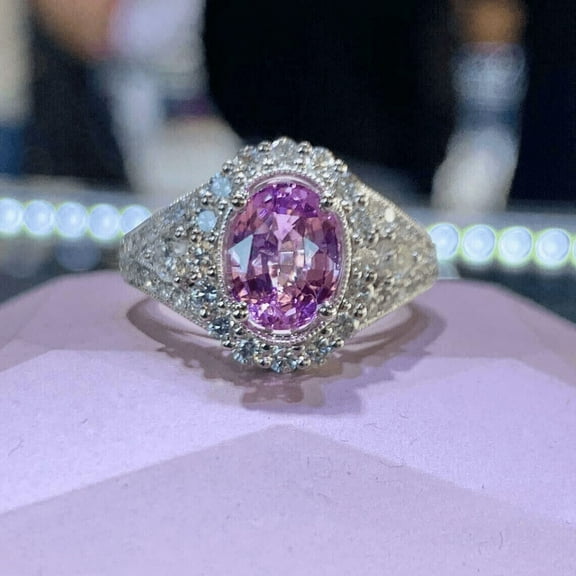 3CT Oval Cut Pink Sapphire Floral Engagement Wedding Ring in 925 Sterling Silver- September Birthstone