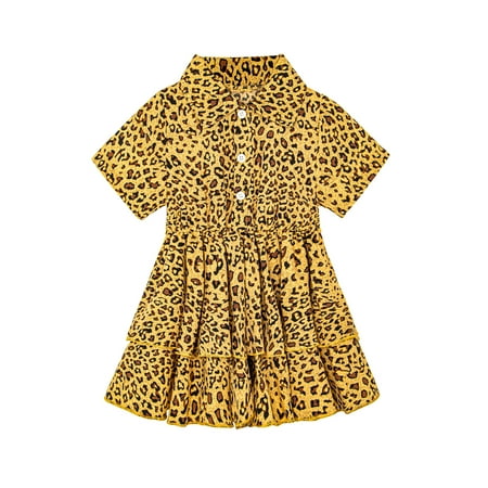 

Inevnen Toddler Baby Girl Dress Ruffle Short Sleeve Leopard Print Tutu Skirt Mid Length Dress