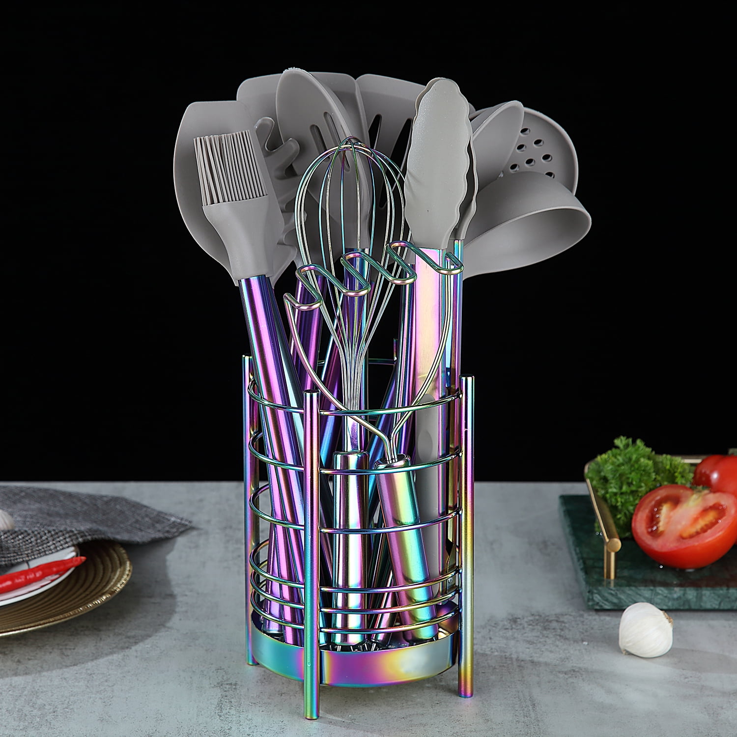 Just Houseware Rainbow Stainless Steel Utensil Holder, Cooking Utensil Organizer with Drain Holes, Extra Large Kitchen Utensil Holders for Countertop