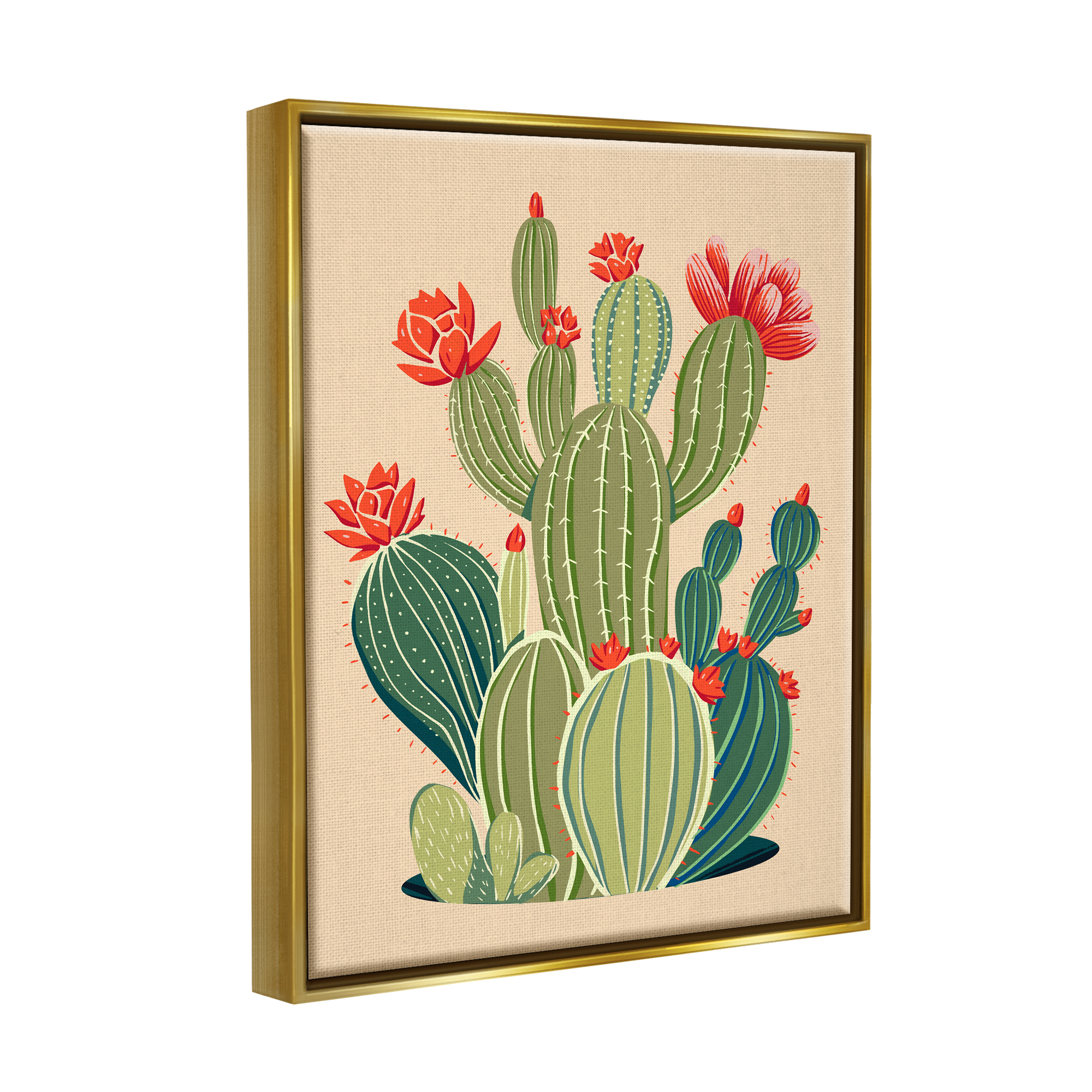 Stupell Industries Whimsical Cactus Flower Vegetation Botanical & Floral Painting Gold Floater Framed Art Print Wall Art