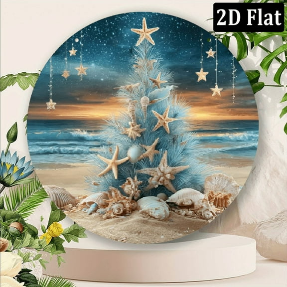 1pc, Merry Christmas, Coastal Beach Wreath Sign, 8*8inch Round Aluminum Sign Decor for Home, Kitchen, Garage, Garden Office Decoration