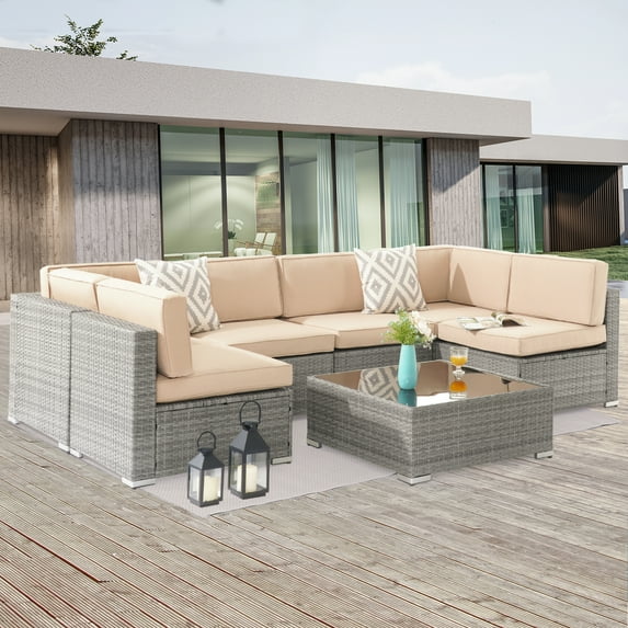 Sonerlic Outdoor Conversation Sofa Sets with 7 Pieces,Sectional Furniture All-weather PE Rattan Wicker Sofa Sets for Porch Backyards Garden,Gray&Sand