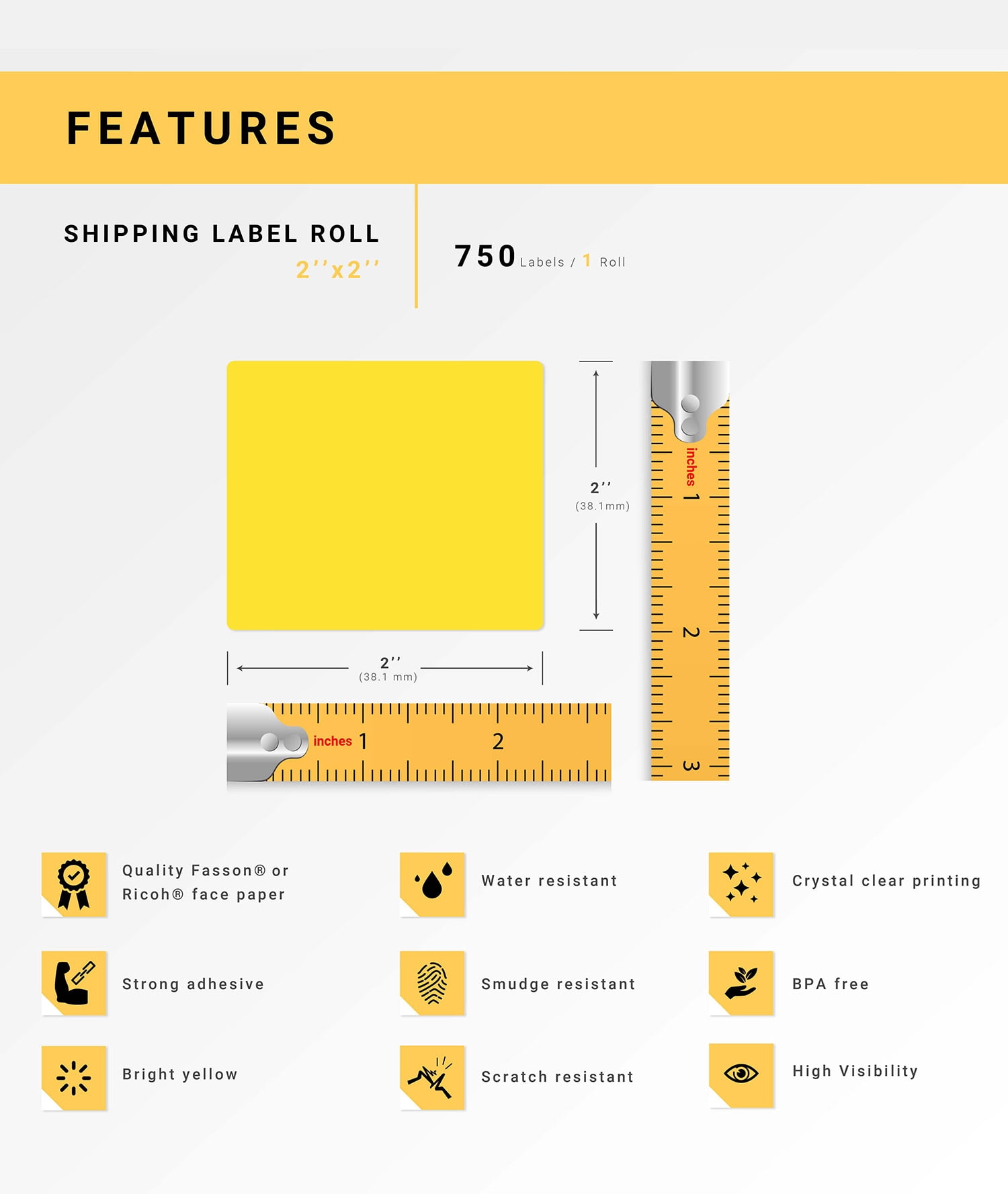 HOUSELABELS 2" x 2" Yellow Multipurpose Labels Compatible With Zebra and Rollo Printers, 28 Rolls / 750 Labels per Roll