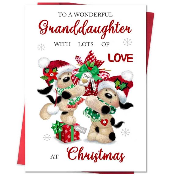 Christmas Card for Granddaughter – Cute Dogs with Presents and Santa Hats – Lots of Love – Perfect Holiday Greeting with Envelope Included