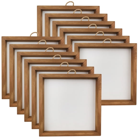 8" x 8" White Plaque with Brown Frame by Make Market – DIY Ready Craft Boards - Pinewood & MDF Construction with Jute Hanger - 12 Pack