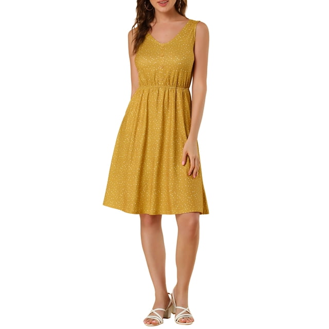 INSPIRAR CHIC Vestido sin mangas de midi con lunares, escote en V, cintura con lazo y cordón, talla XL, amarillo