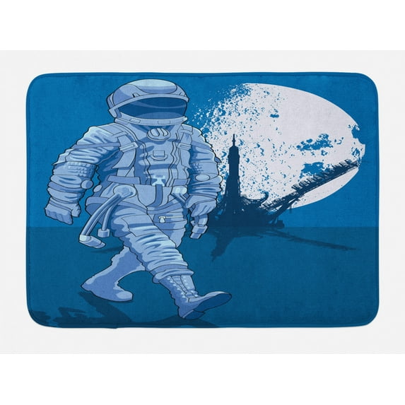 Astronaut Bath Mat, Astronaut Proudly Walks Moon in Backdrop Walk on the Moon Space Adventure, Non-Slip Plush Mat Bathroom Kitchen Laundry Room Decor, 29.5 X 17.5 Inches, Night Blue White, Ambesonne