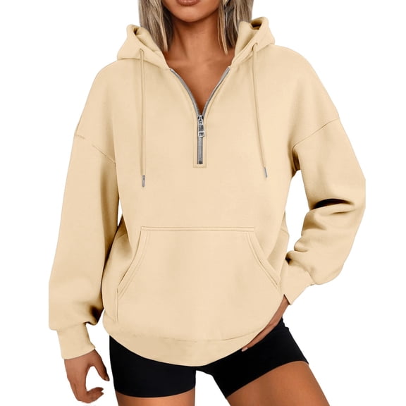 CFLVAEK Women's Plus Size Hoodies Casual Half Zip Hooded Pullovers Loose Fitted Long Sleeve Hoodie Drop Shoulder Fall Fashion Sweatshirts with Pockets Beige XL