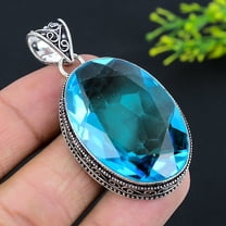 Natural Blue Topaz Gemstone Handmade 925 Sterling Silver Pendant 2.25"