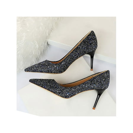 

Ritualay Womens Dress Pump Slip On Pumps Pointy Toe Stiletto Heels Lightweight Non-slip D’Orsay Shoe Ladies Women Glitter Shoes Blue 9