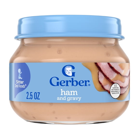 Gerber Stage 2 Baby Food, Ham and Gravy Jar, Baby Puree Jars Glass 2.5 oz