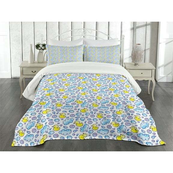 Ambesonne Cartoon Quilted Bedspread Set 3 Pcs, Watercolor Bubbles Ducks, Queen Size, Yellow Lilac and Blue