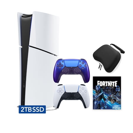 PlayStation 5 Slim Digital 2TB SSD Fortnite Cobalt Star Console with Two Controllers, White and Chroma Indigo DualSense and Hard Shell Protective Controller Case - PS5 Slim Digital Console