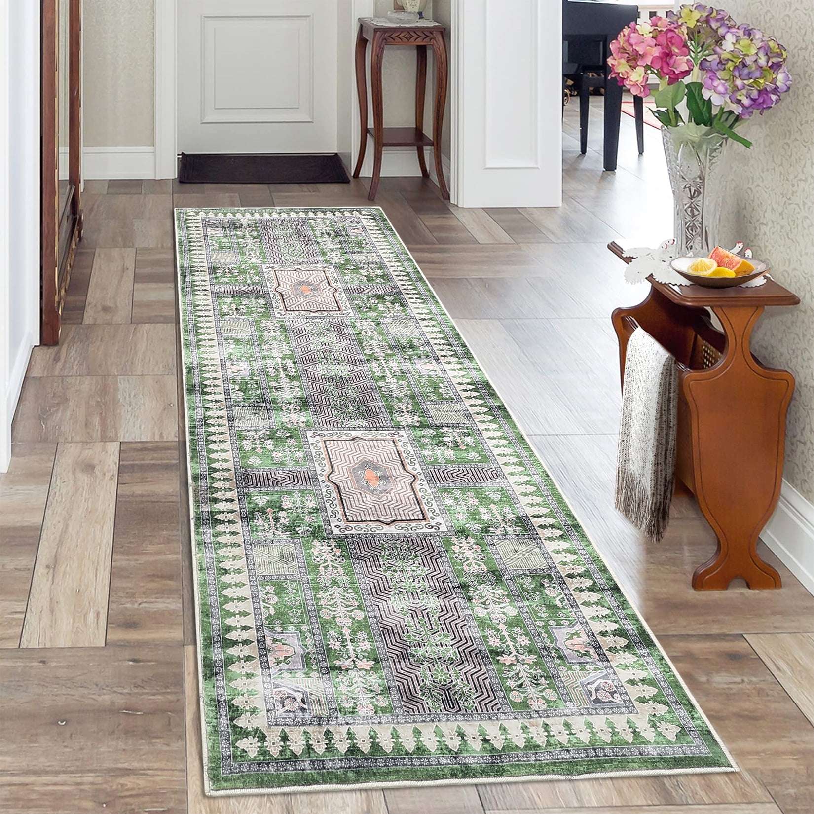 HOMERRY Washable Runner Rug 2' x 6' Floral Geometric Area Rug for Living Room, Green