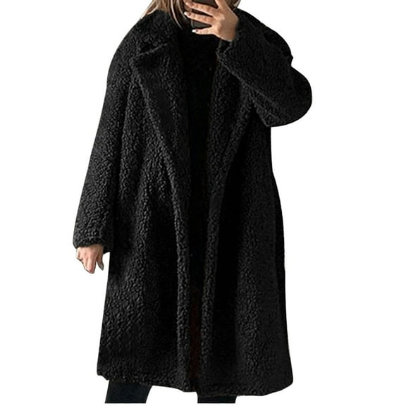 Qetyuw Womens Winter Faux Fur Long Coat Casual Warm Open Front Cardigan Coats Long Sleeve Lapel Chunky Overcoat