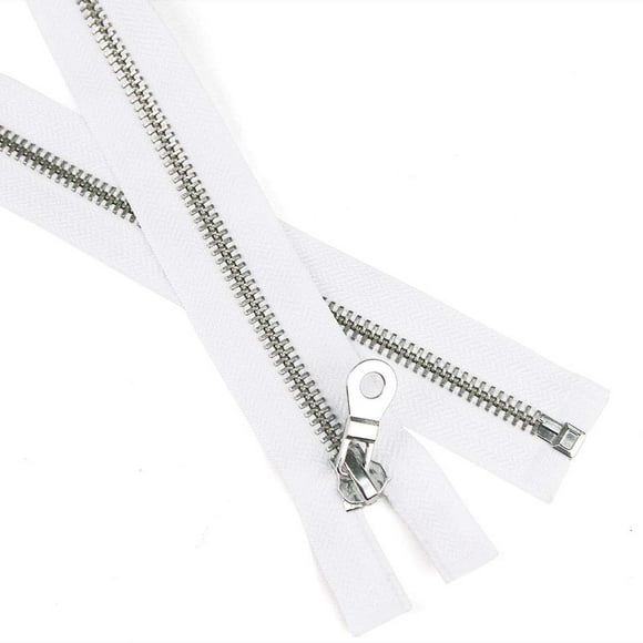 36" Length #8 Open End Zippers with Silver Metal Teeth, White, Bias Bespoke Brand