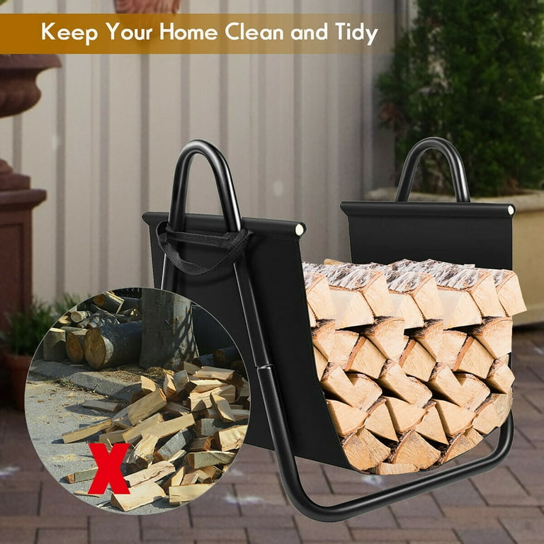 Costway Firewood Rack Log Holder W/ Canvas Tote Carrier for Fireplace Outdoor Backyard Costway Firewood Rack Log Holder W/ Canvas Tote Carrier for Fireplace Outdoor Backyard