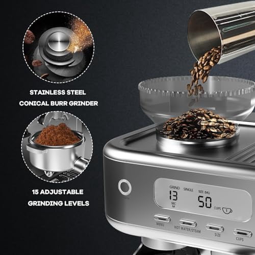 Fully Automatic Espresso Machine with Built-in Conical Burr Grinder & Milk Frother, 15-Bar Pressure, LCD Screen with PID Control, 6 Presets, Stainless Steel Housing, 120V US, Space Gray
