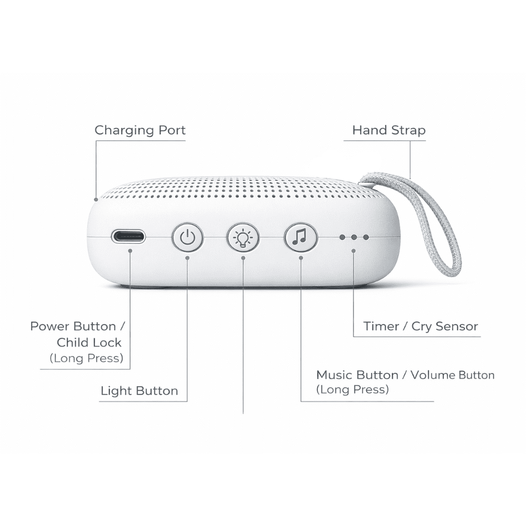 Primo Passi Portable Baby White Noise Machine with Night Light, Cry Detection, Clip-On Travel Sound Machine