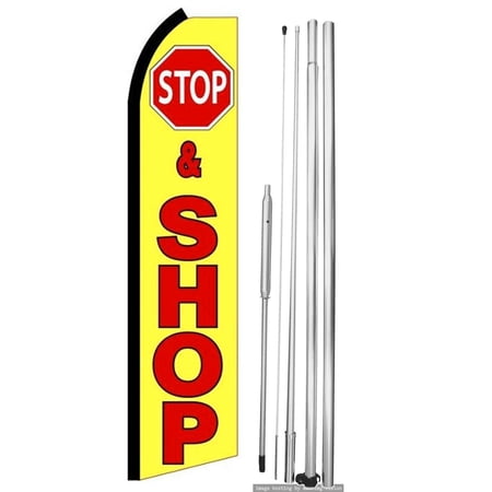 OnPoint Wares| Stop & Shop Swooper Flag | Advertising Flag/Business Flags | 11.5ft x 3.5ft | With Complete 15ft Hybrid Pole Set