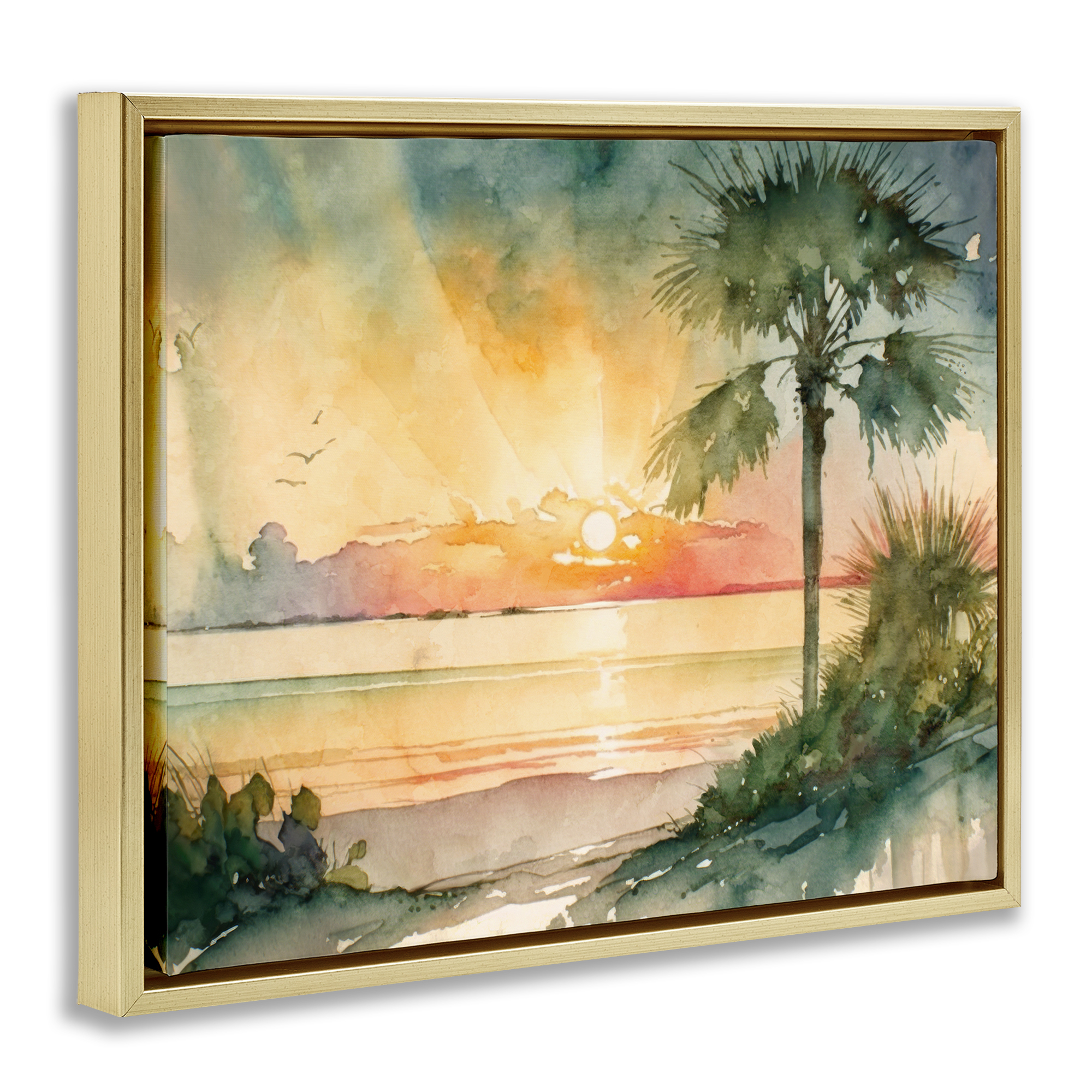 Stupell Industries Sunrise Through Palms Landscape & Nature Painting Gold Floater Framed Canvas Art Print Wall Art, 21 x 17