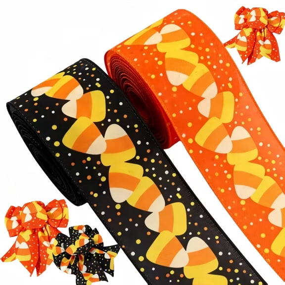 Candy Corn Halloween Decorative Ribbon Halloween Wired Edge Ribbon for Decor (2 Rolls)