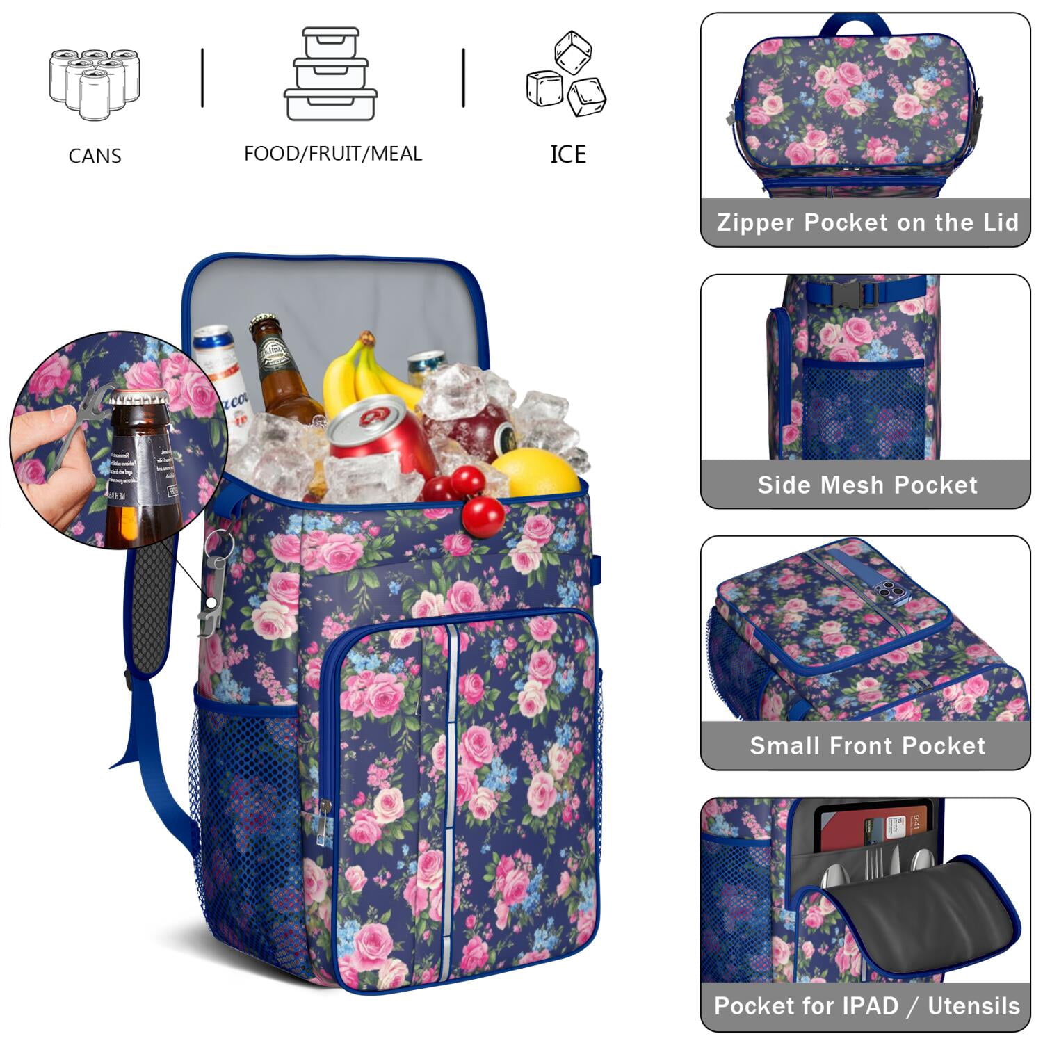 Travel Cooler Bag - Pioneer Flower Camping Beer Cooler Backpack with Bottle Opener- Waterproof Insulated Picnic Backpacks - Cooler Bag for Beach
