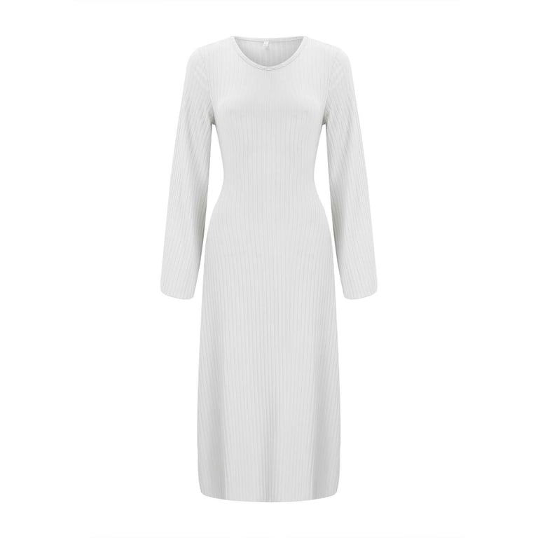 Xvjrhak Women Elegant Bodycon Dress Crew Neck Long Dress Elegant Long Sleeve Ribbed Bodycon Maxi Dresses (White,M)