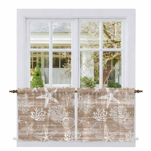 Brown Coastal Tier Curtains 24 Inch Length, Summer Beach Nautical Starfish Coral Vintage Cafe Short Curtains for Bathroom Over Sink, Small Kitchen Curtain Light Filtering Drapes 2 Panels 27.5"Wx24"L