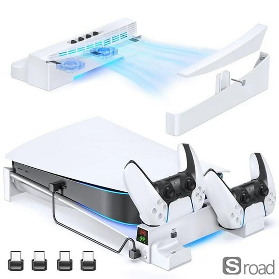 PS5 Cooling Stand With Dual Controller Charger, Horizontal Console Holder With 3 Cooling Fans For PlayStation 5 Disc & Digital Editions,IV-P5257