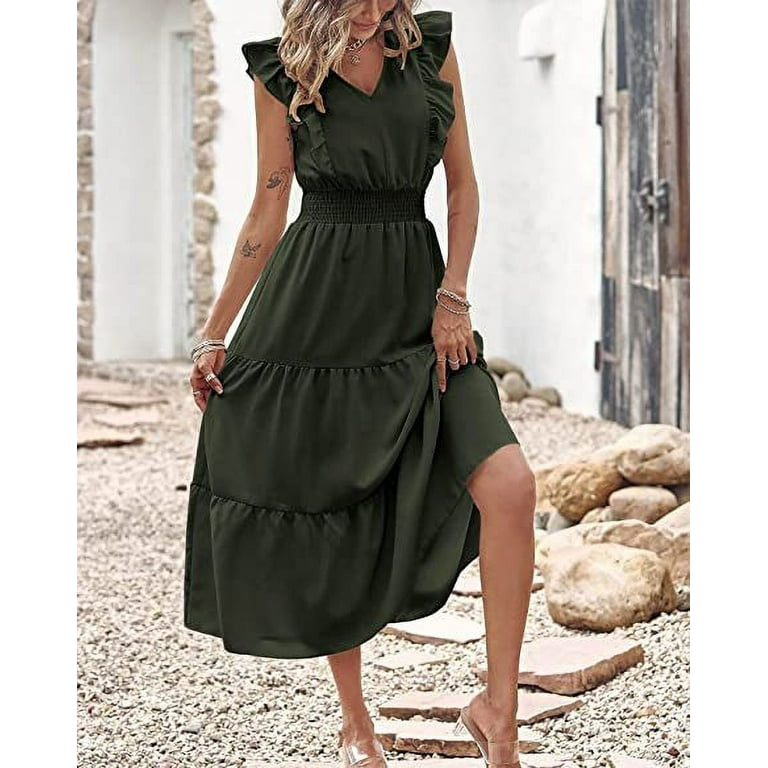 Taqqpue Womens Casual Summer V Neck Ruffle Cap Sleeve Midi Dress