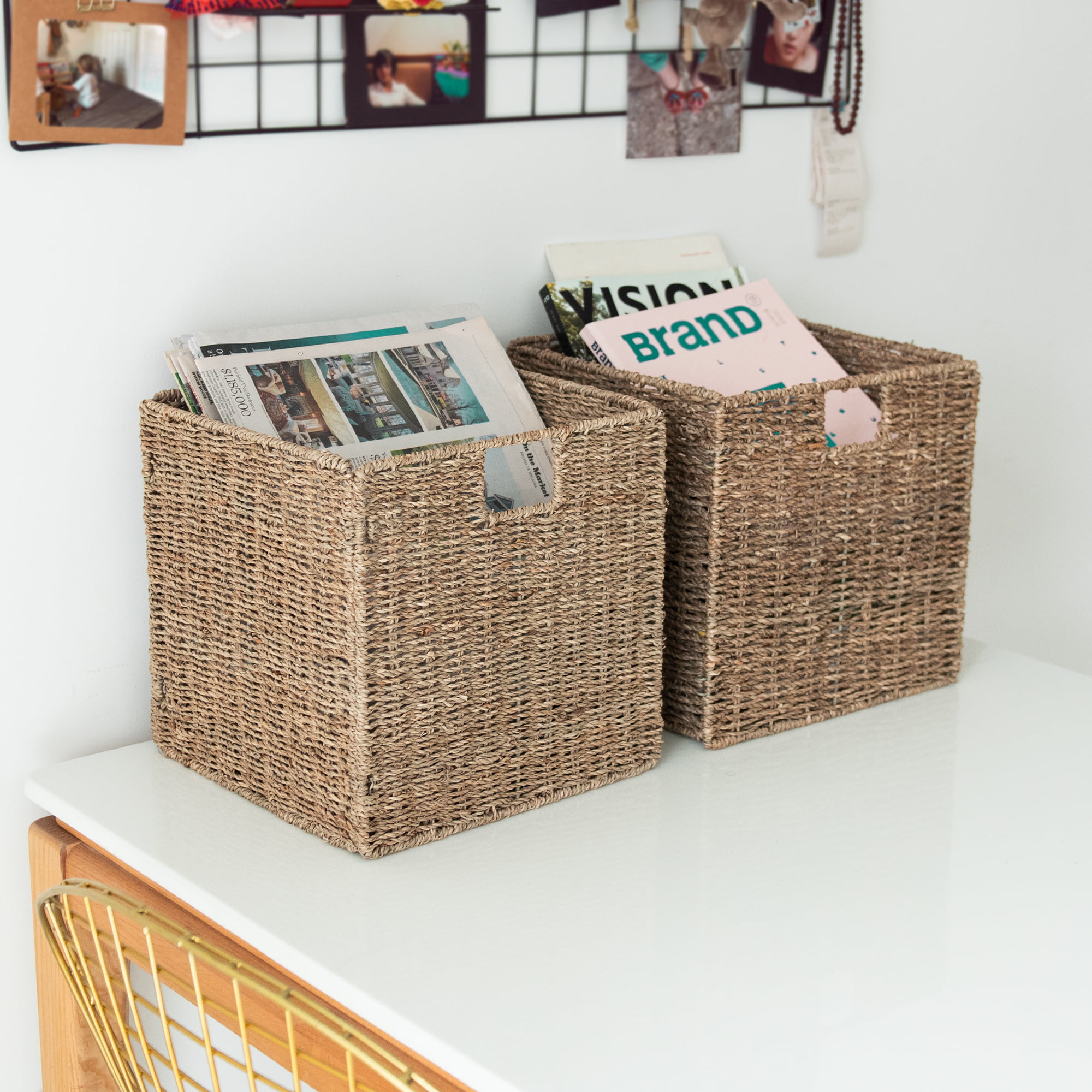 DINGTAI Seagrass Storage Baskets with Labels, 10.5x9x7.5in Wicker Storage Basket, 4 Pack Woven Storage Baskets, Pantry Baskets Organization,Vintage
