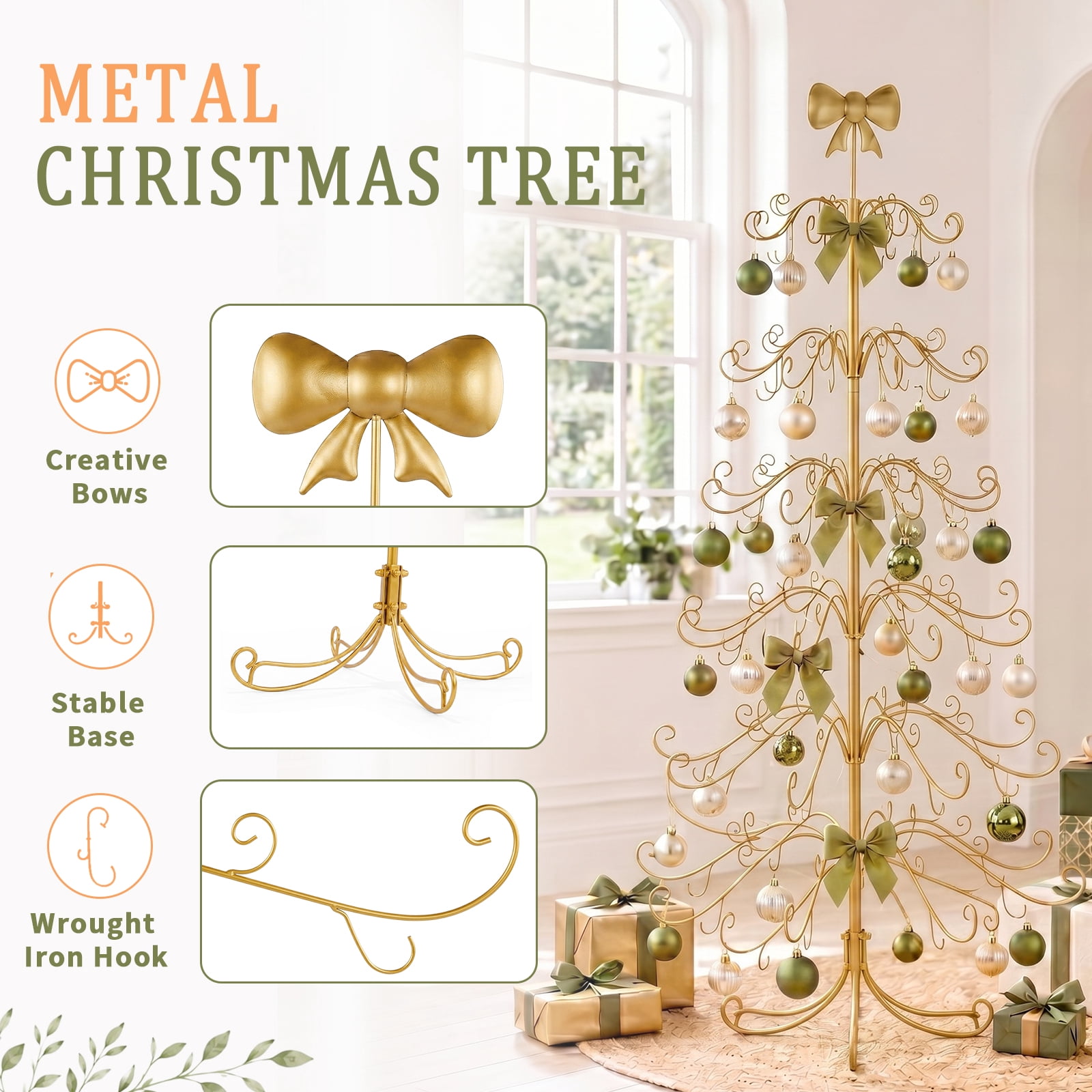 6ft Gold Iron Christmas Tree with Bow on Top, PVC Christmas Tree (No Accessories Included)