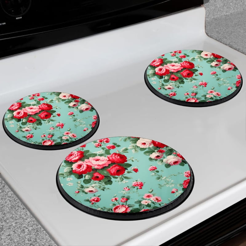 BaHomeck Electric Stove Burner Covers Set of 4,Round Metal Gas Stove Burner Covers 8 Inch and 10 Inch,Kitchen Decor,Vintage Shabby Chic Roses Floral Pattern On Turquoise Background