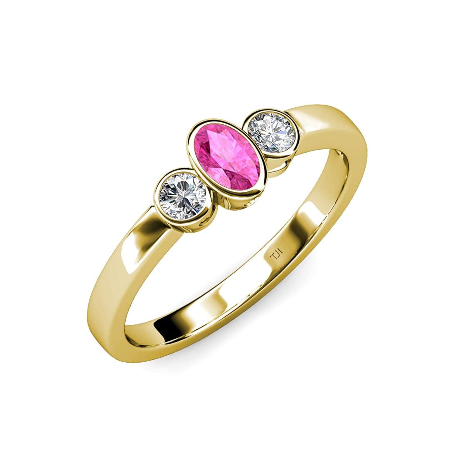 Pink Sapphire and Diamond (SI2-I1, G-H) Three Stone Ring 0.83 ct tw in 14K Yellow Gold.size 3.5 by TriJewels