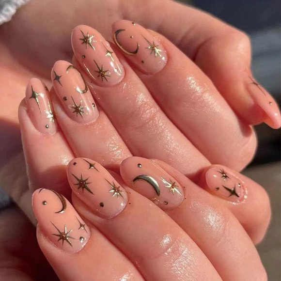 shiyou-Press on Nails Medium Almond, Acrylic Nails Press on Fake Nails with Glue,Gel Acrylic False Nail for Women Girls in 24 PCS (Gold Moon Star)