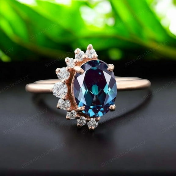 SHREENATHJEWELRY 8x6MM / 2Ct Vintage Alexandrite Ring- Bridal Wedding Women Jewelry Personalized Gift For Wife June Birthstone Ring Moissanite Half Halo Promise Ring