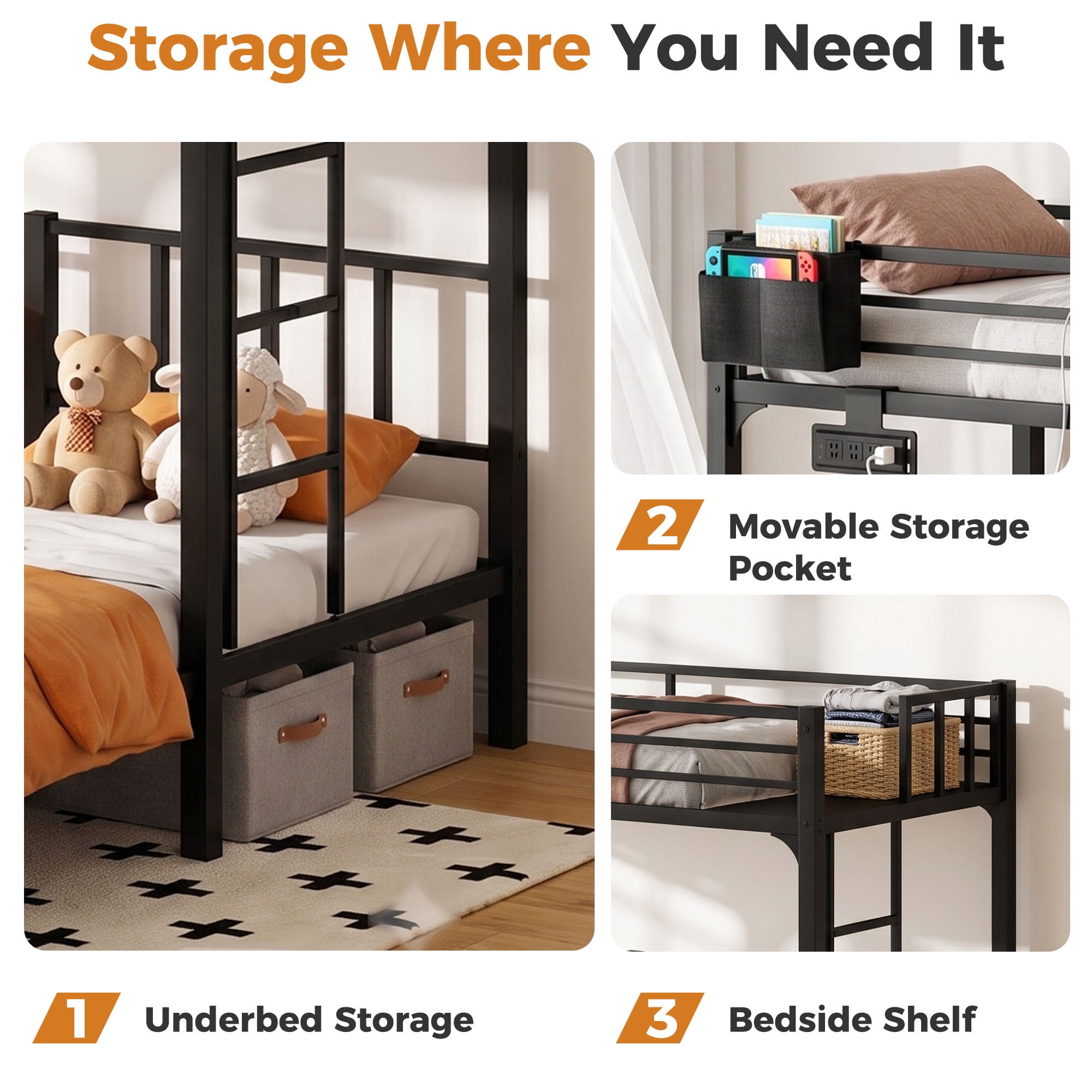 Miniyam Triple Bunk Bed with 2 Storage Drawers, Twin Over Twin Over Twin XL, LED Light and Power Strip, Black