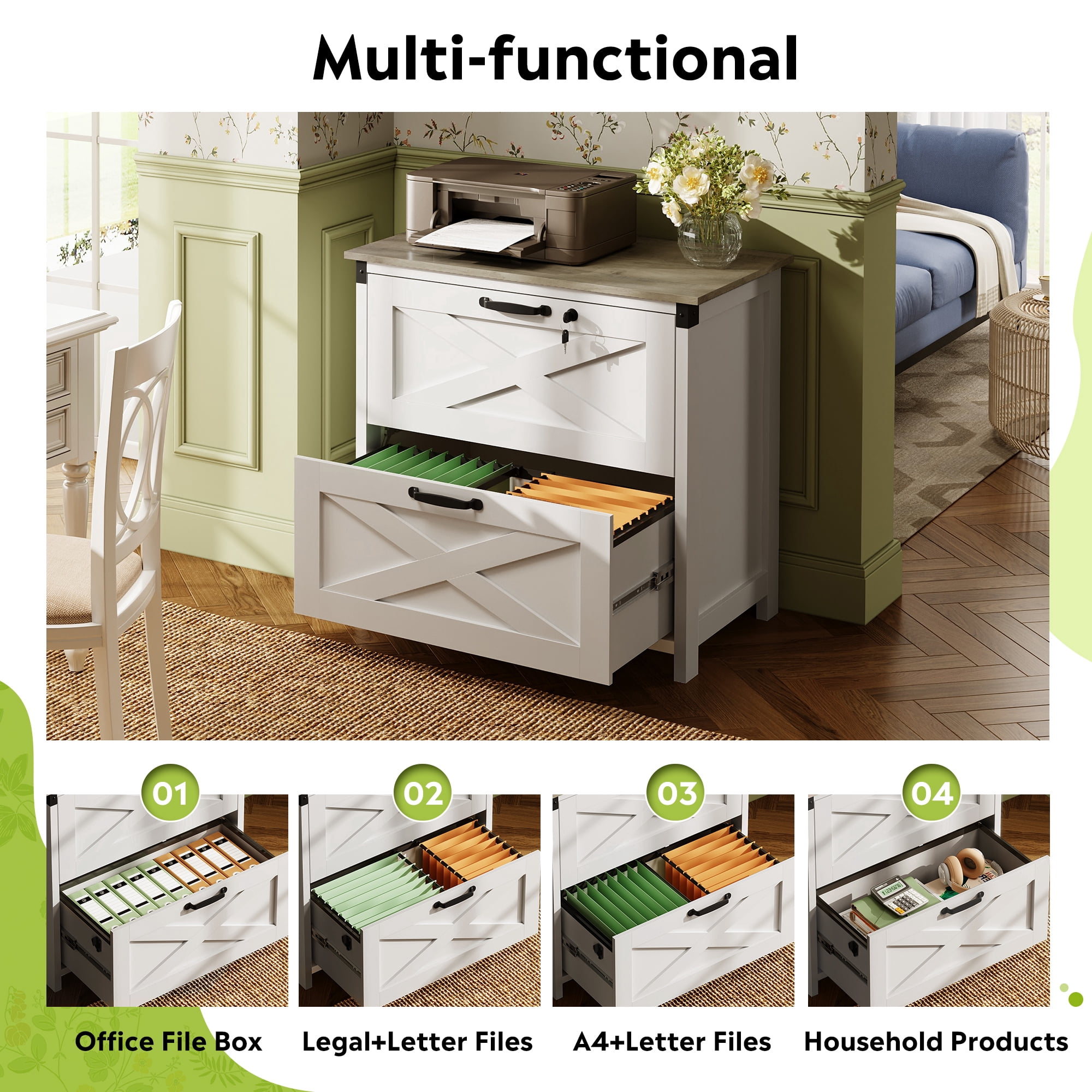 GALAXHERO 2 Drawer Lateral File Cabinet with Lock, Farmhouse Wood Filing Cabinet for Home Office, Fits Letter/Legal/A4, Printer Stand, White