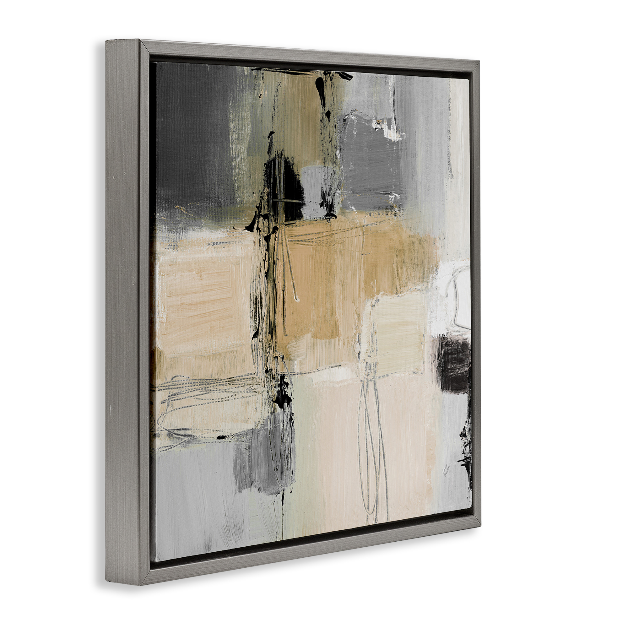 Stupell Industries Tan & Grey Rustic Collage Abstract Painting Gray Floater Framed Canvas Art Print Wall Art, 18 x 18