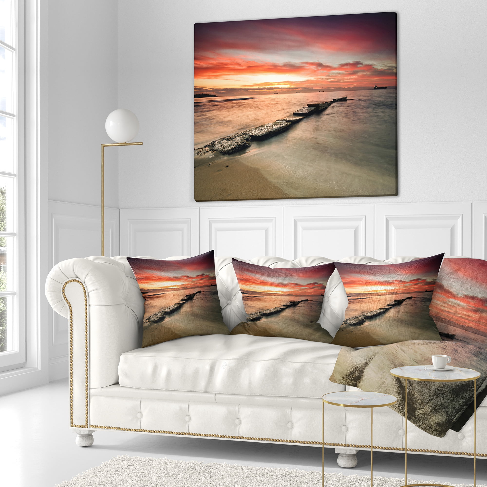 Designart Wonderful Sunrise on Black Ocean - Beach Photo Throw Pillow - 16x16