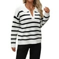 thumbnail image 2 of Women'S Striped Sweater Trendy V Neck Long Sleeve Knit Pullover Loose Jumper Tops Knitwear White M, 2 of 9