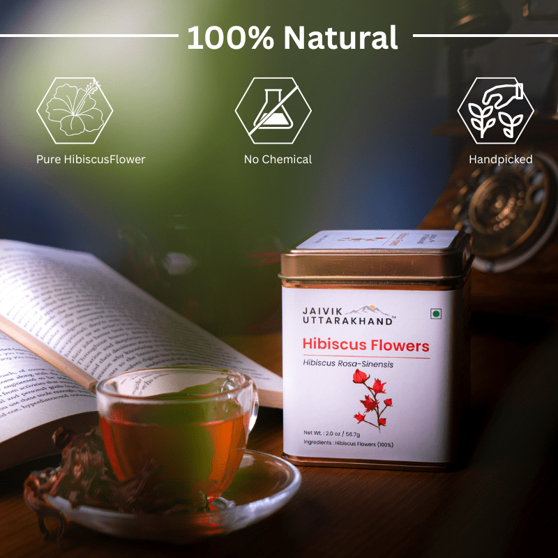 Jaivik Uttarakhand - Hibiscus Herbal Tea(8 oz), Bulk Leaves for kidney detox,Iced Brewing,4 Tin Box