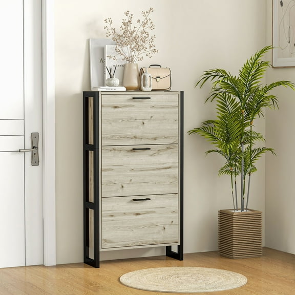 SLSRFD Shoe Cabinet with 3 Flip Drawers, Narrow Shoe Storage Cabinet for Entryway, Holds up to 15 Pairs, Modern Space-Saving Organizer, Walnut/Black