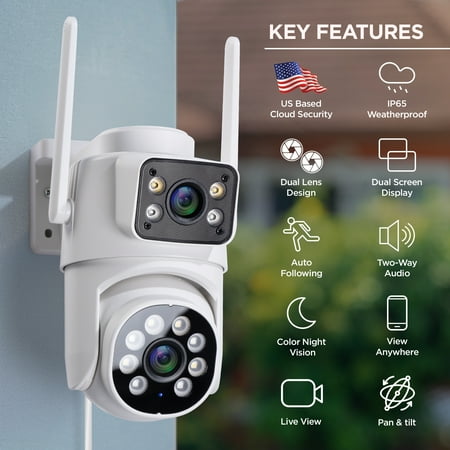 Merkury Smart Outdoor Camera 1080p - Dual Lens Pan-Tilt Security Cam, White (1-Pack)